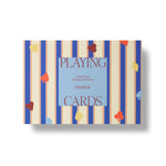 Papier Playing Cards Set of 2 in Suits & Stripes, a blue and cream striped box with card suit confetti