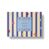 Papier Playing Cards Set of 2 in Suits & Stripes, a blue and cream striped box with card suit confetti