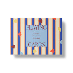 Papier Playing Cards Set of 2 in Suits & Stripes, a blue and cream striped box with card suit confetti