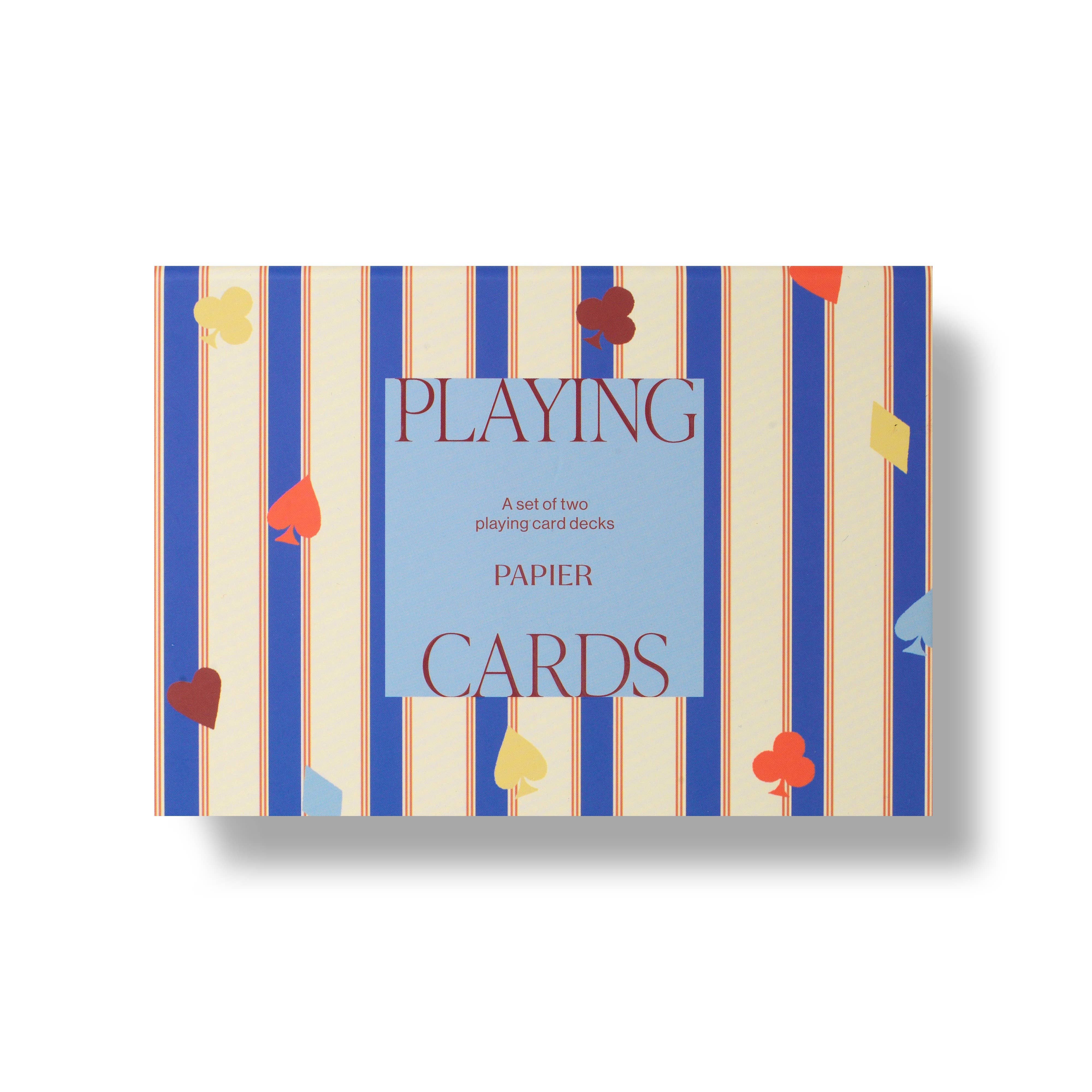 Papier Playing Cards Set of 2 in Suits & Stripes, a blue and cream striped box with card suit confetti