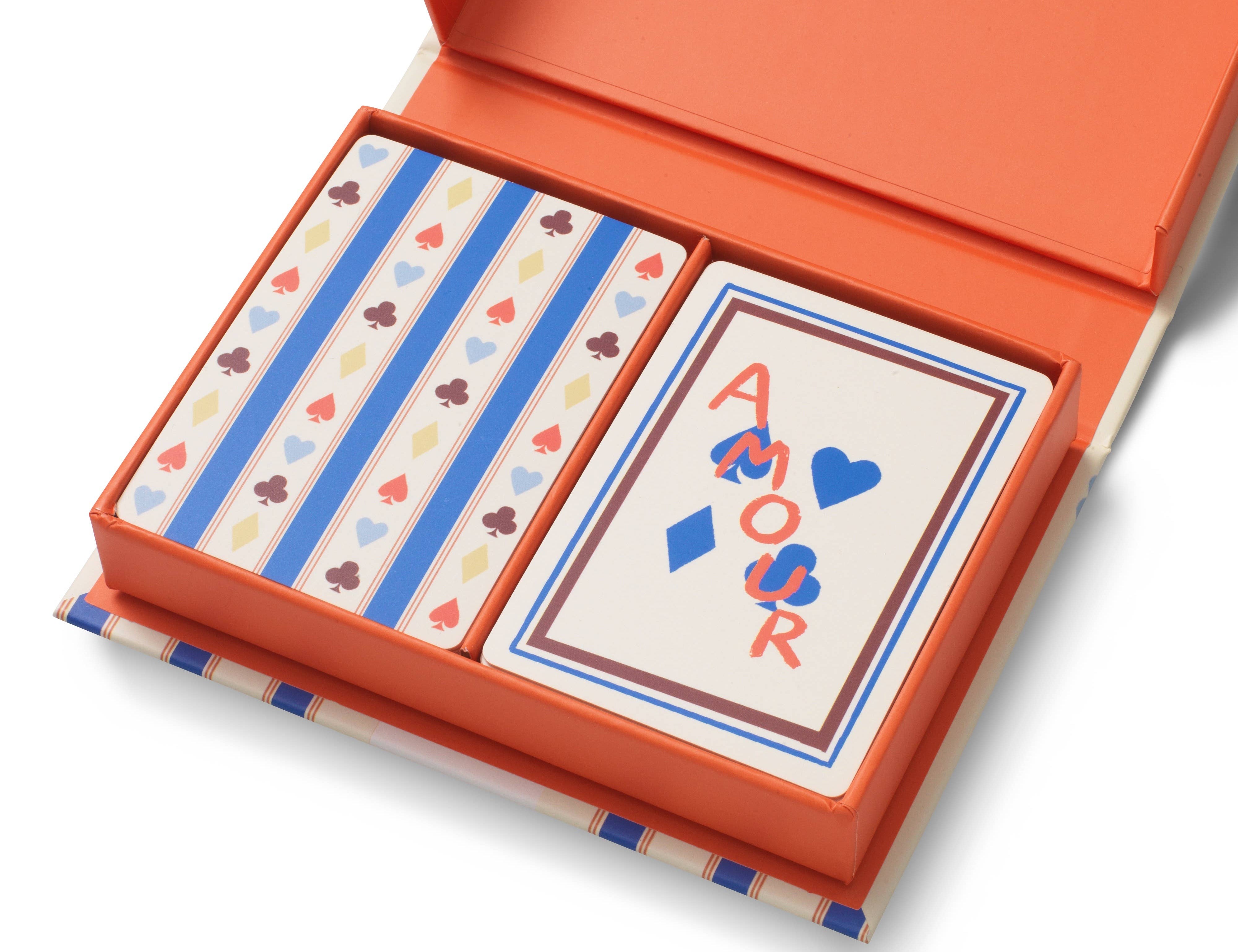 Papier Playing Cards Suits & Stripes box open showing two decks with striped and Amour backs
