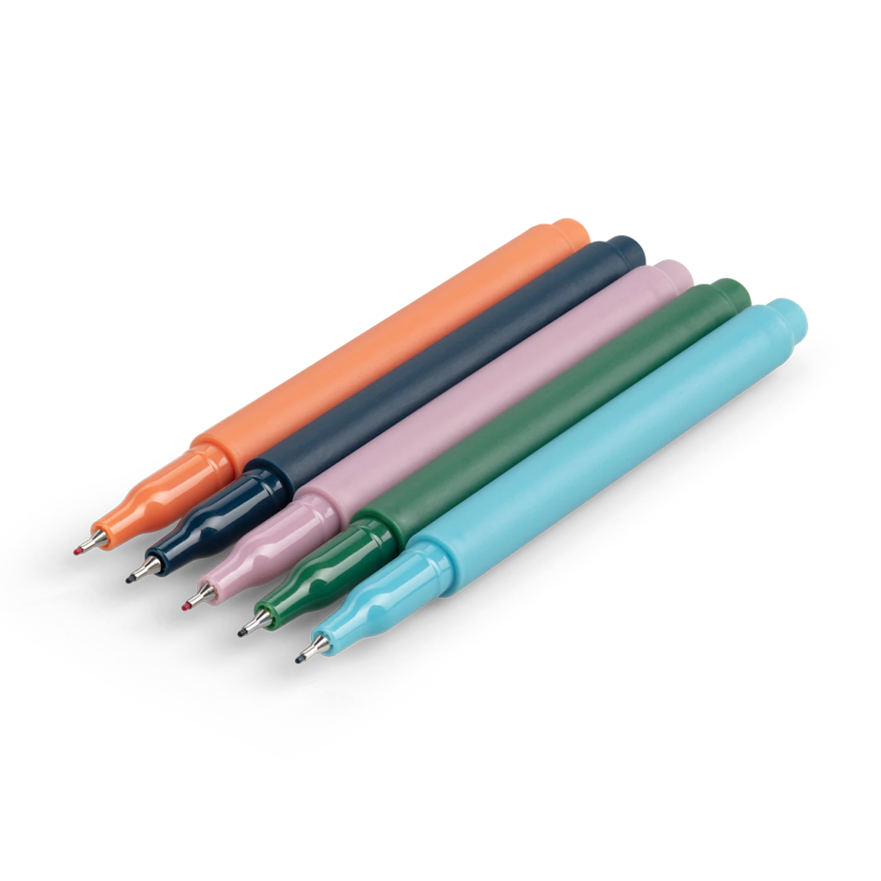 Papier Quintet Fineliner Set, five pens in orange, navy, lilac, green and blue fanned out