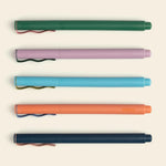 Papier Quintet Fineliner Set, five pens lined up in a row with matching ink swatches