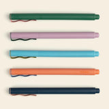 Papier Quintet Fineliner Set, five pens lined up in a row with matching ink swatches