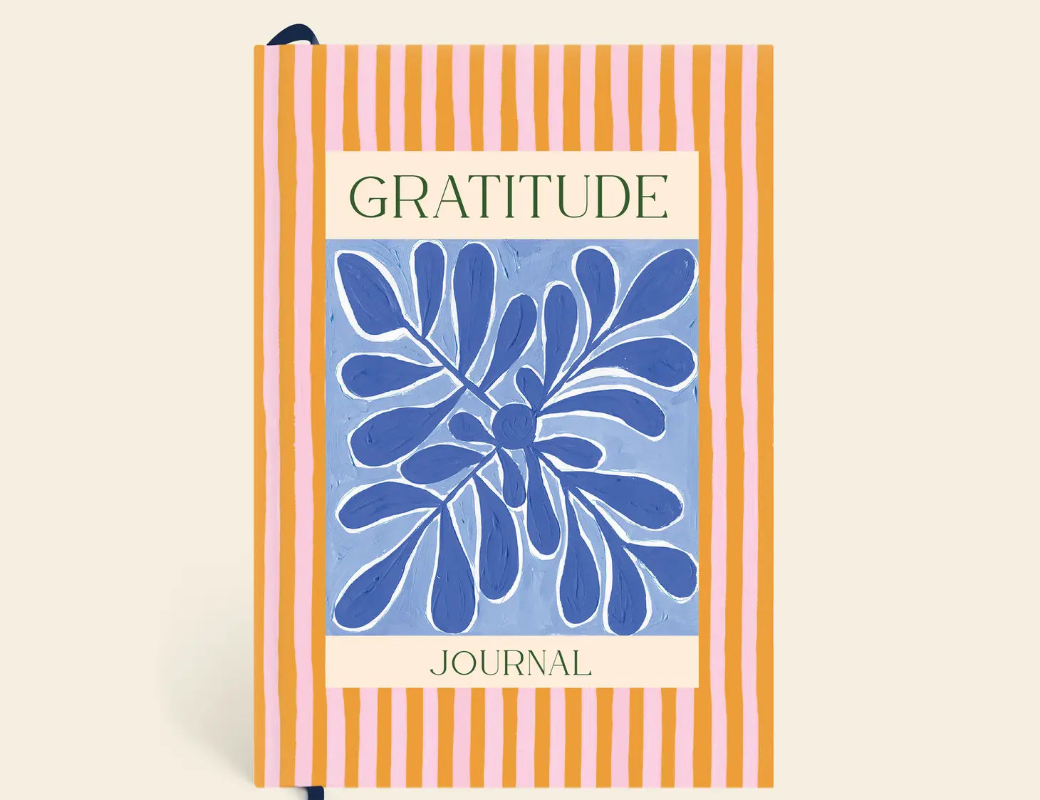 Papier Stay Grounded Gratitude Journal, an orange striped cover with a blue botanical illustration