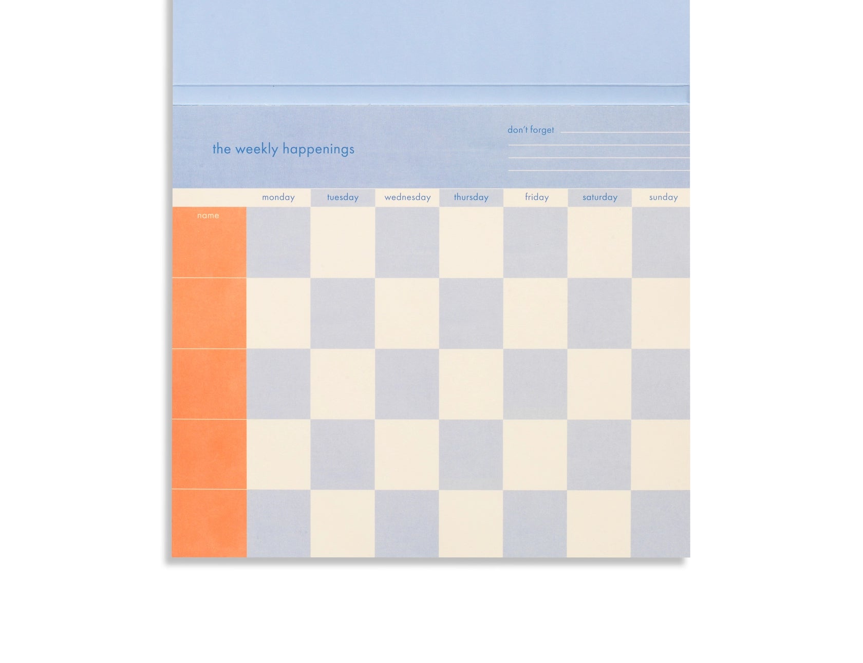 Papier Weekly Happenings Undated List Pad, a blue and cream checkerboard weekly planner pad with an orange edge
