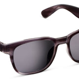 Peepers 18th Hole Sunglasses in Charcoal Horn with grey lenses, angled view on white