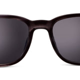 Peepers 18th Hole Sunglasses in Charcoal Horn, close-up front view with dark grey lenses