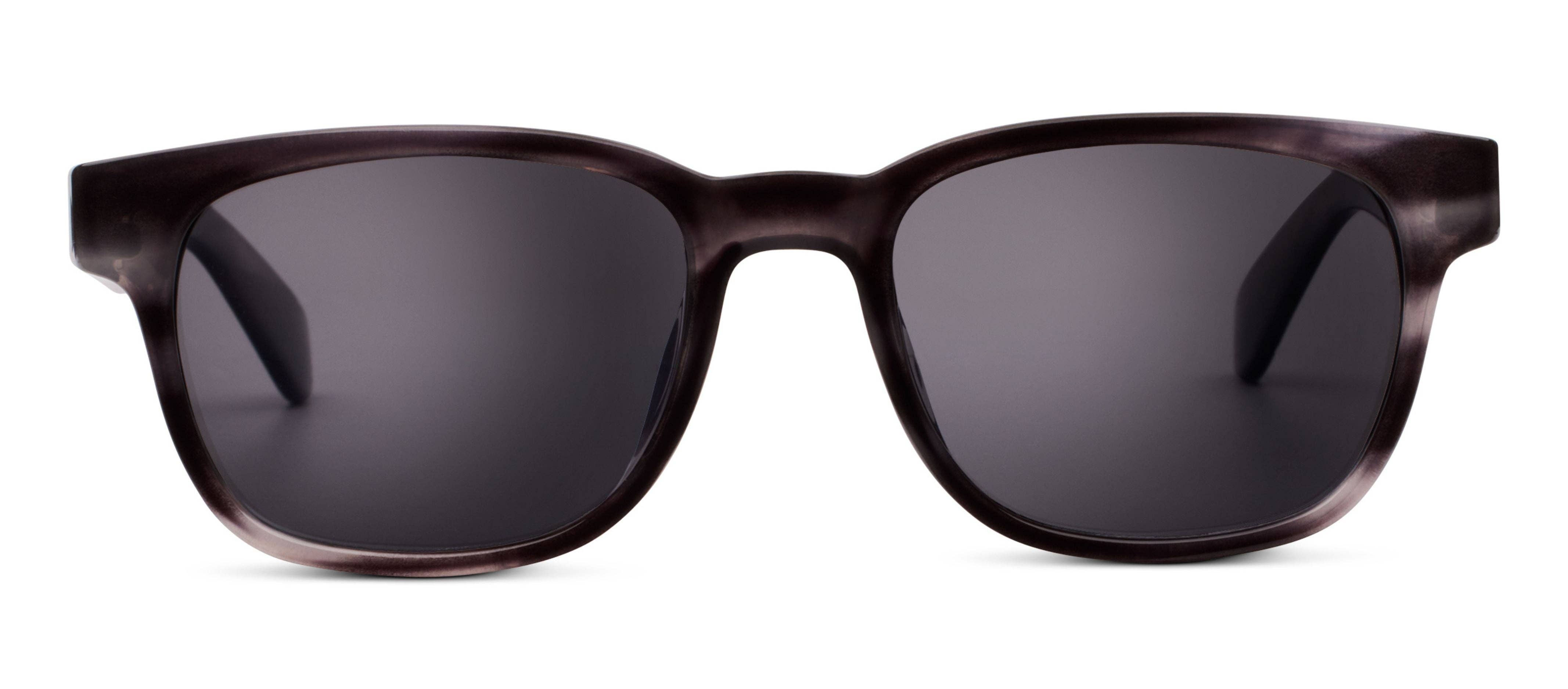 Peepers 18th Hole Sunglasses in Charcoal Horn, close-up front view with dark grey lenses