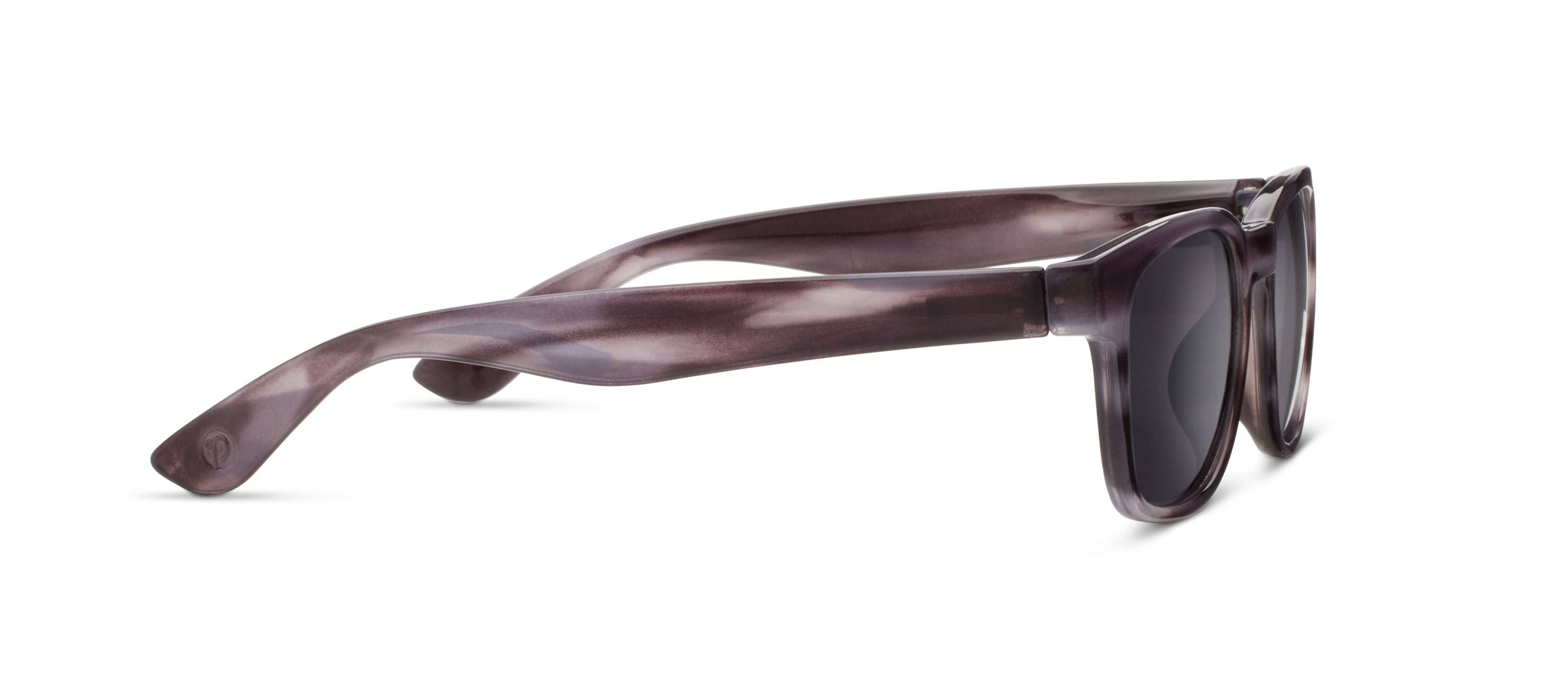 Peepers 18th Hole Sunglasses in Charcoal Horn, side view of the smoky grey striped temple arm