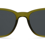 Peepers 18th Hole Sunglasses in olive green, close-up front view of the square frame and dark lenses