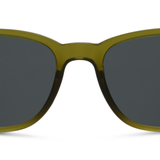 Peepers 18th Hole Sunglasses in olive green, close-up front view of the square frame and dark lenses