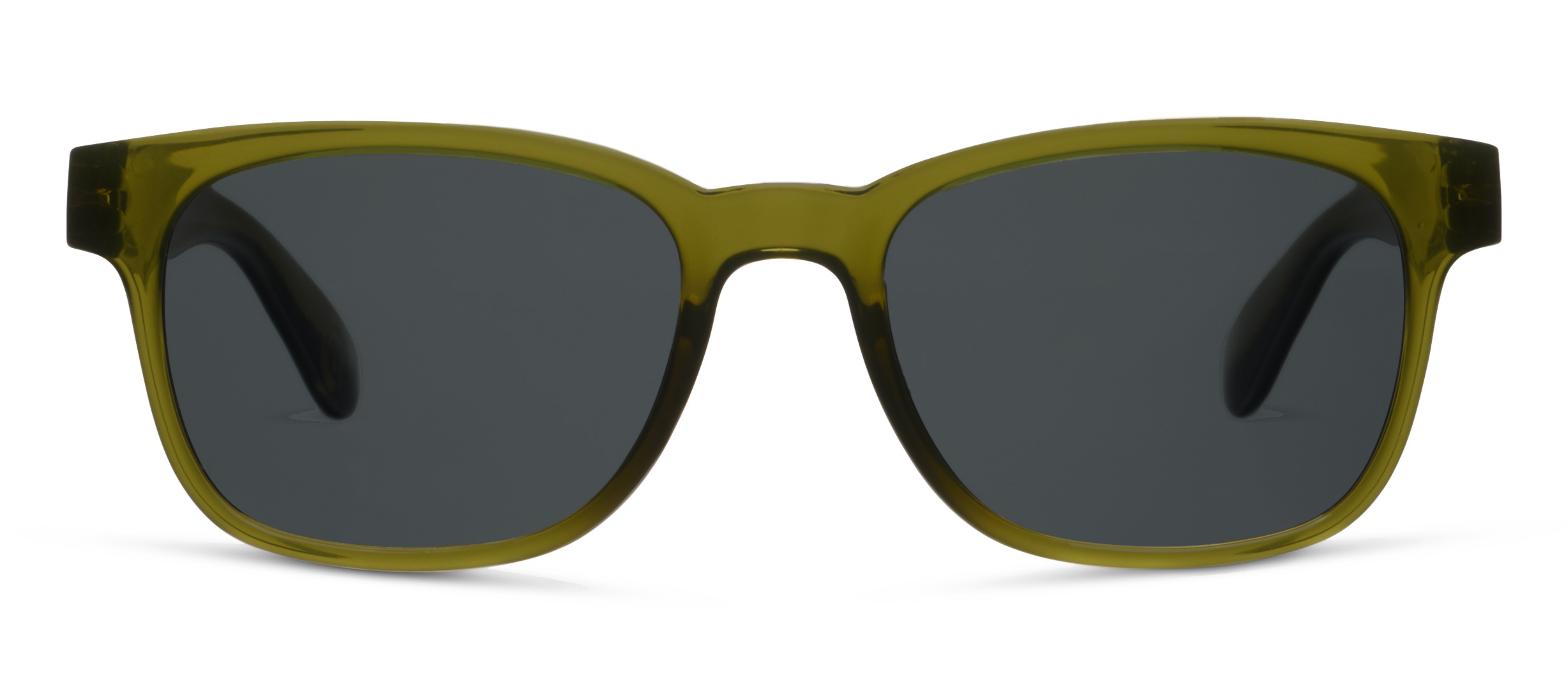 Peepers 18th Hole Sunglasses in olive green, close-up front view of the square frame and dark lenses