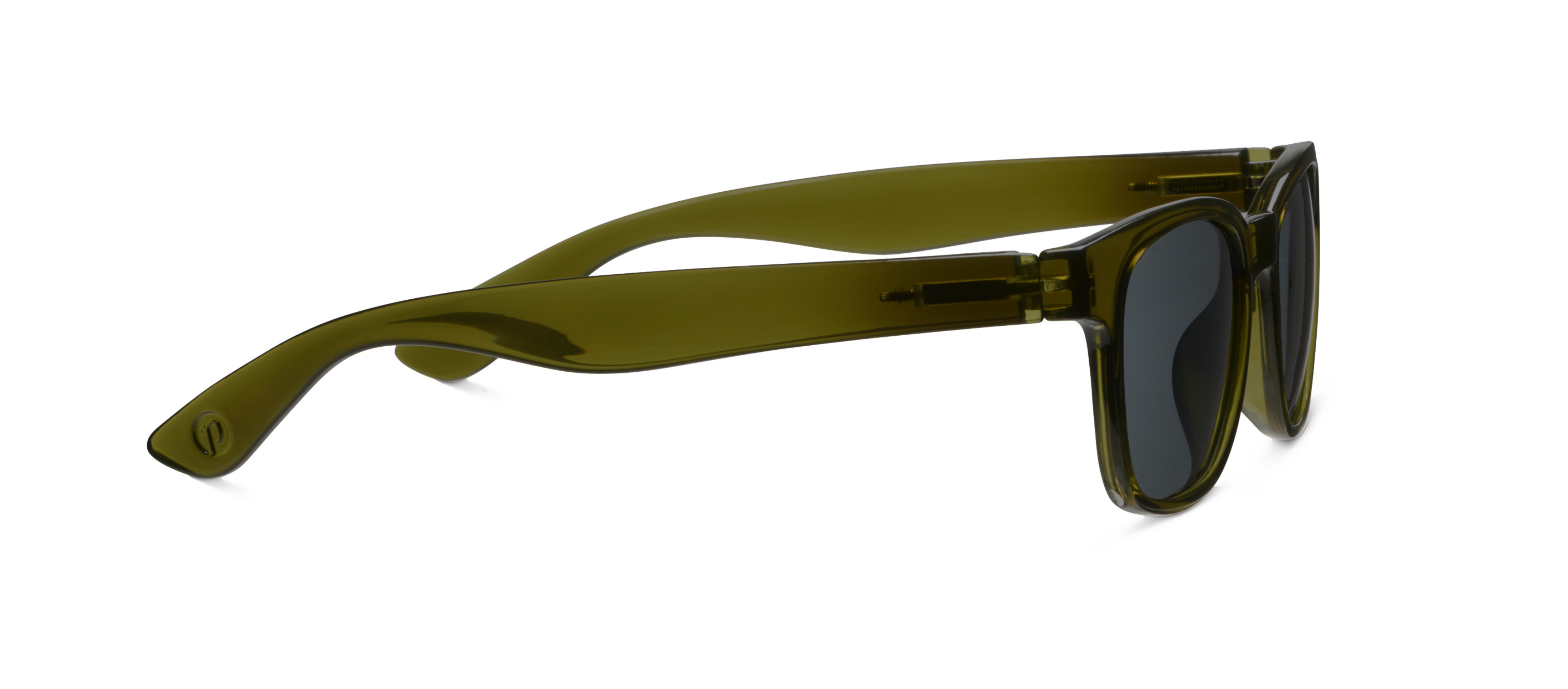 Peepers 18th Hole Sunglasses in olive green, side view of the translucent green temple arm