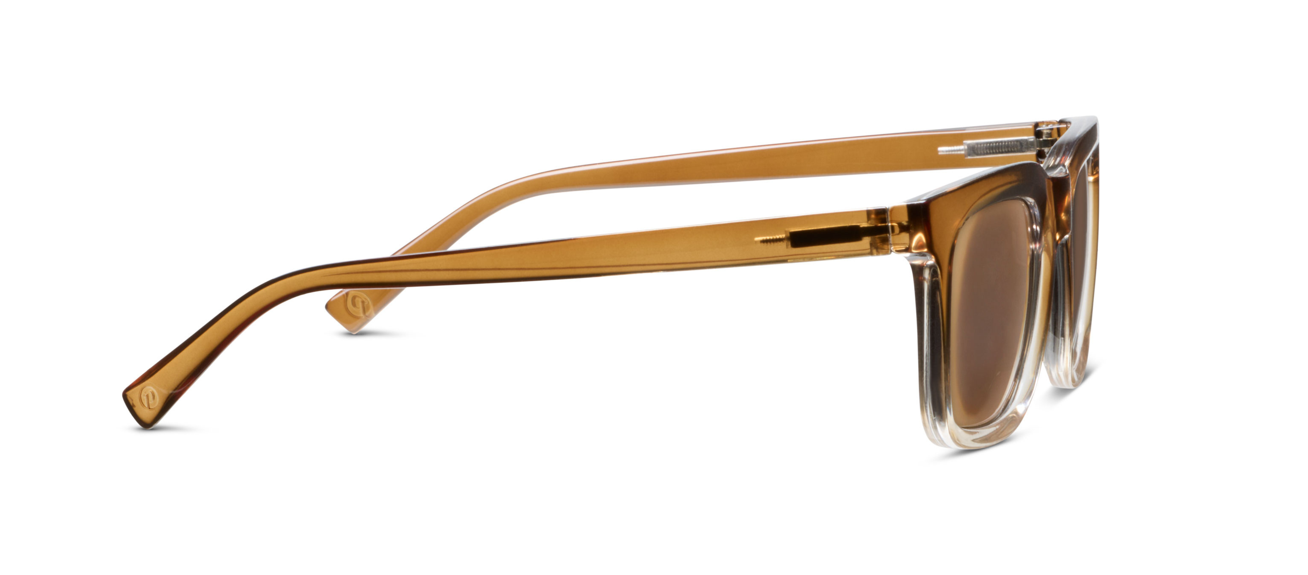 Peepers Airplane Mode Sunglasses in Golden Ombre, side view of the amber temple arm