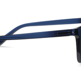 Peepers Airplane Mode Sunglasses in navy, side view of the translucent blue temple arm