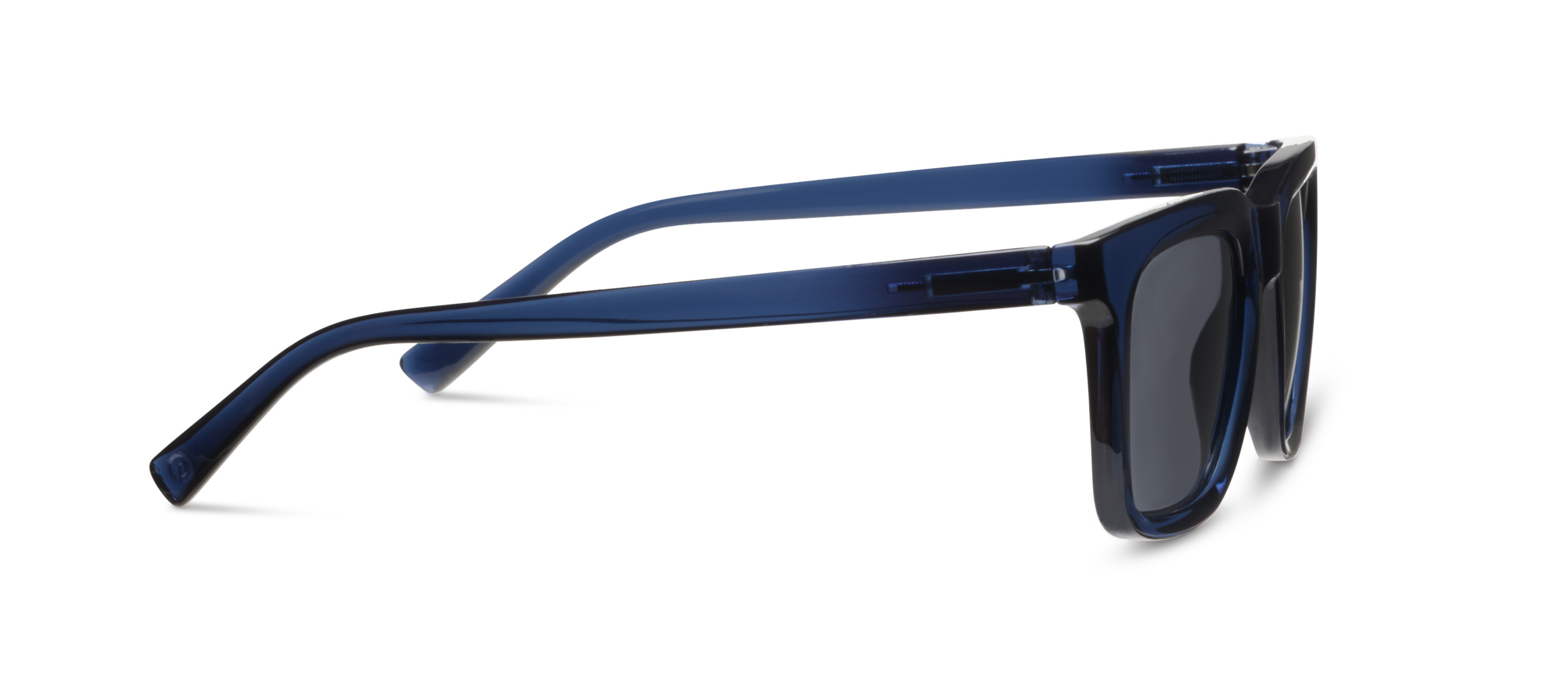 Peepers Airplane Mode Sunglasses in navy, side view of the translucent blue temple arm