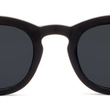 Peepers Beverly Shores Sunglasses in black, close-up of the round frames and dark lenses