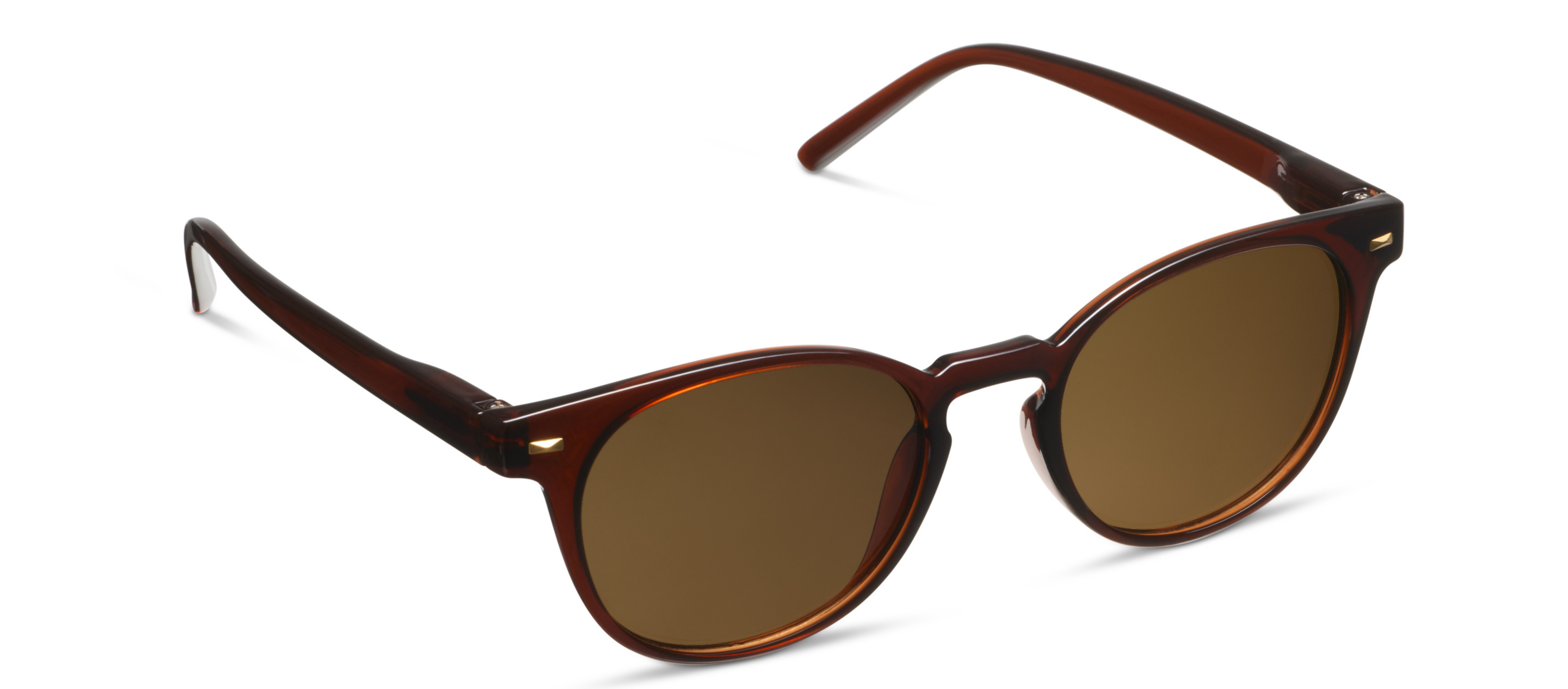 Peepers Boho II Sunglasses in Brown, round tortoise-brown frames with brown lenses, angled view