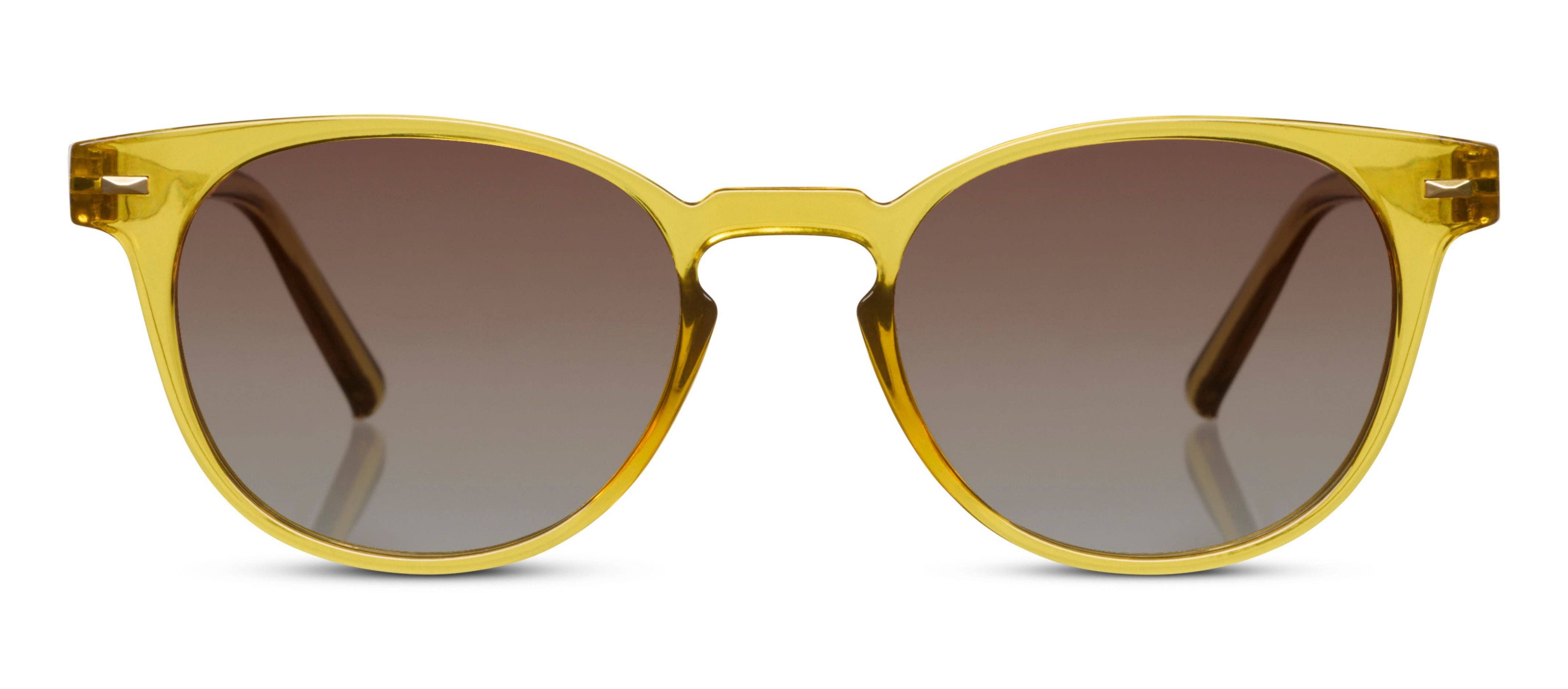 Peepers Boho II Sunglasses in translucent honey yellow, close-up of the round frames