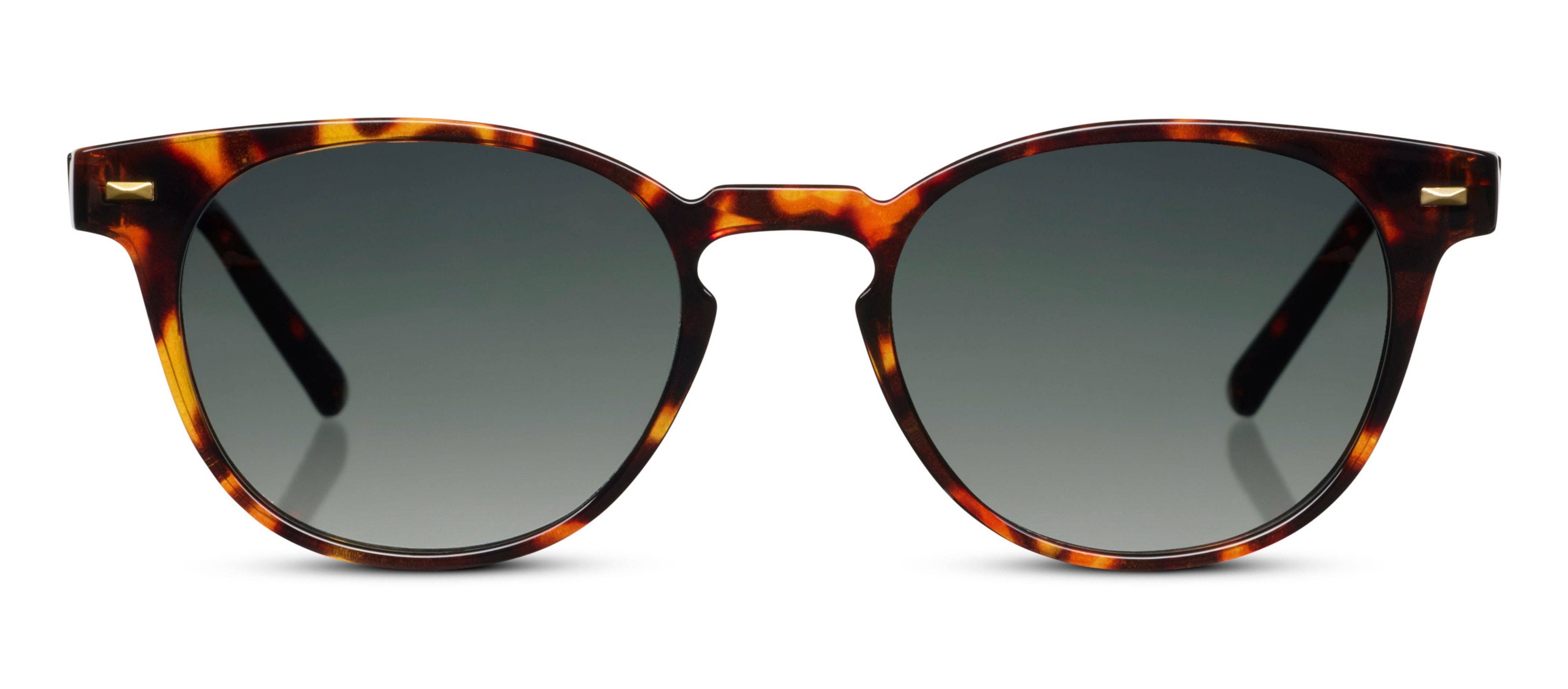 Peepers Boho II Sunglasses in tortoise, close-up of the round frames and green lenses