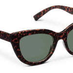 Peepers Capri Sunglasses in Leopard Tortoise, cat-eye frames with green lenses, angled view