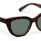 Peepers Capri Sunglasses in Leopard Tortoise, cat-eye frames with green lenses, angled view
