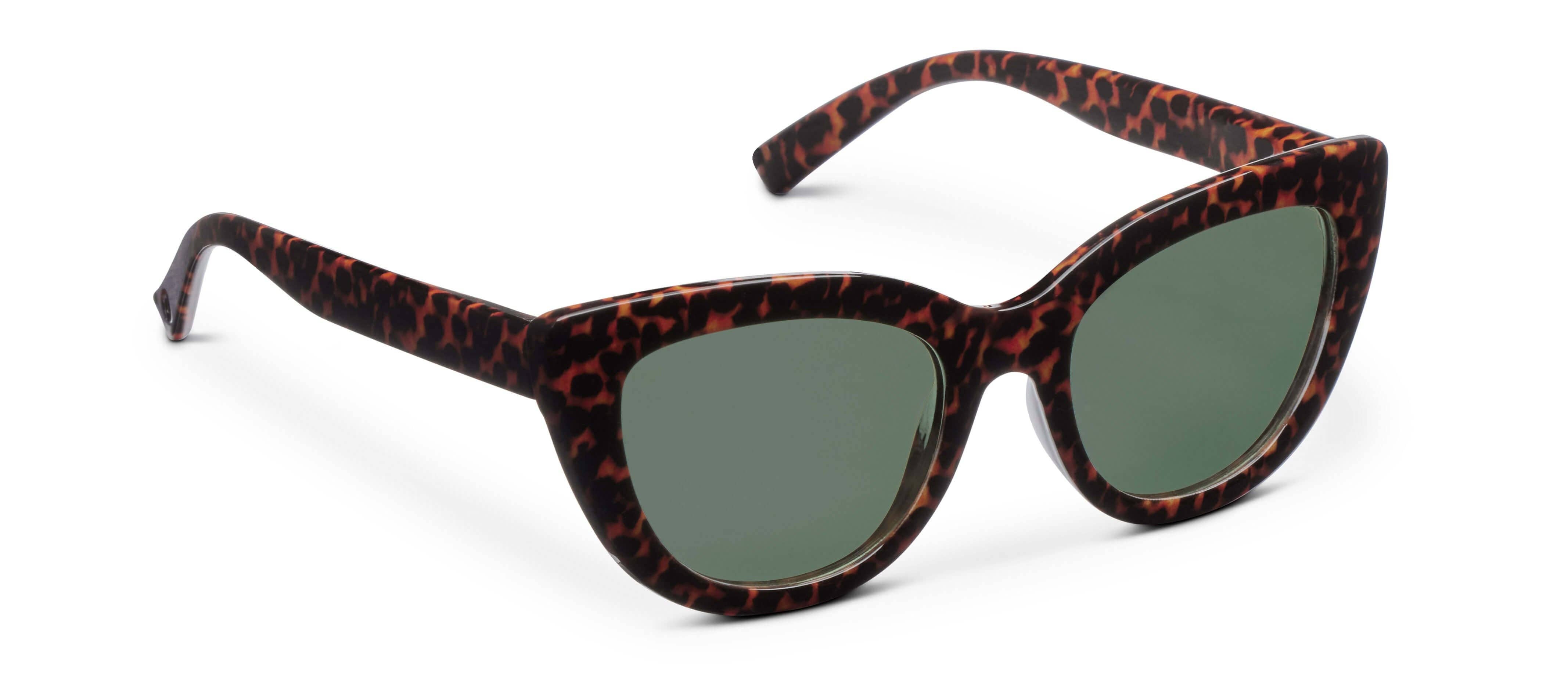 Peepers Capri Sunglasses in Leopard Tortoise, cat-eye frames with green lenses, angled view