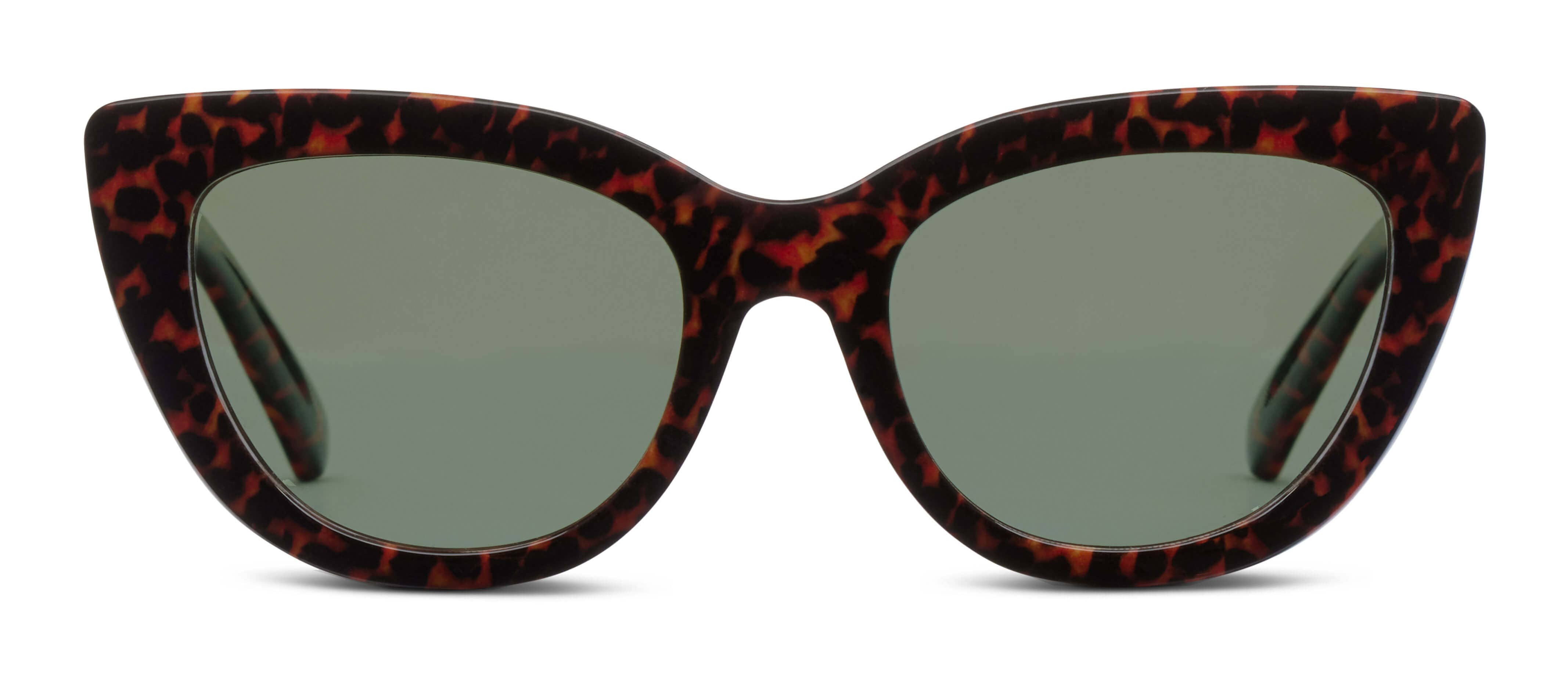 Peepers Capri Sunglasses in Leopard Tortoise, close-up of the cat-eye frames and green lenses