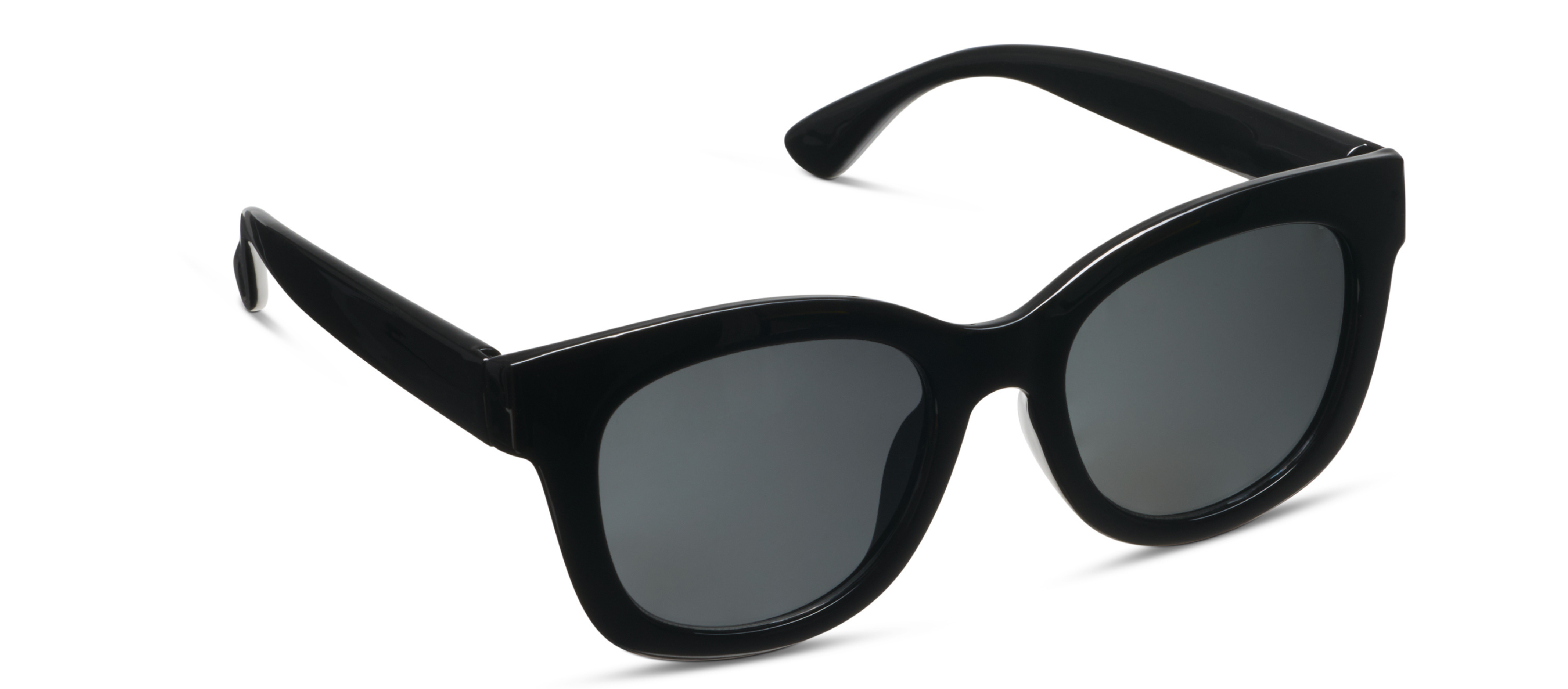 Peepers Center Stage Sunglasses in Black, thick square frames with dark lenses, angled view