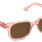 Peepers Clubhouse Sunglasses in Blush, translucent pink rectangular frames with brown lenses, angled view
