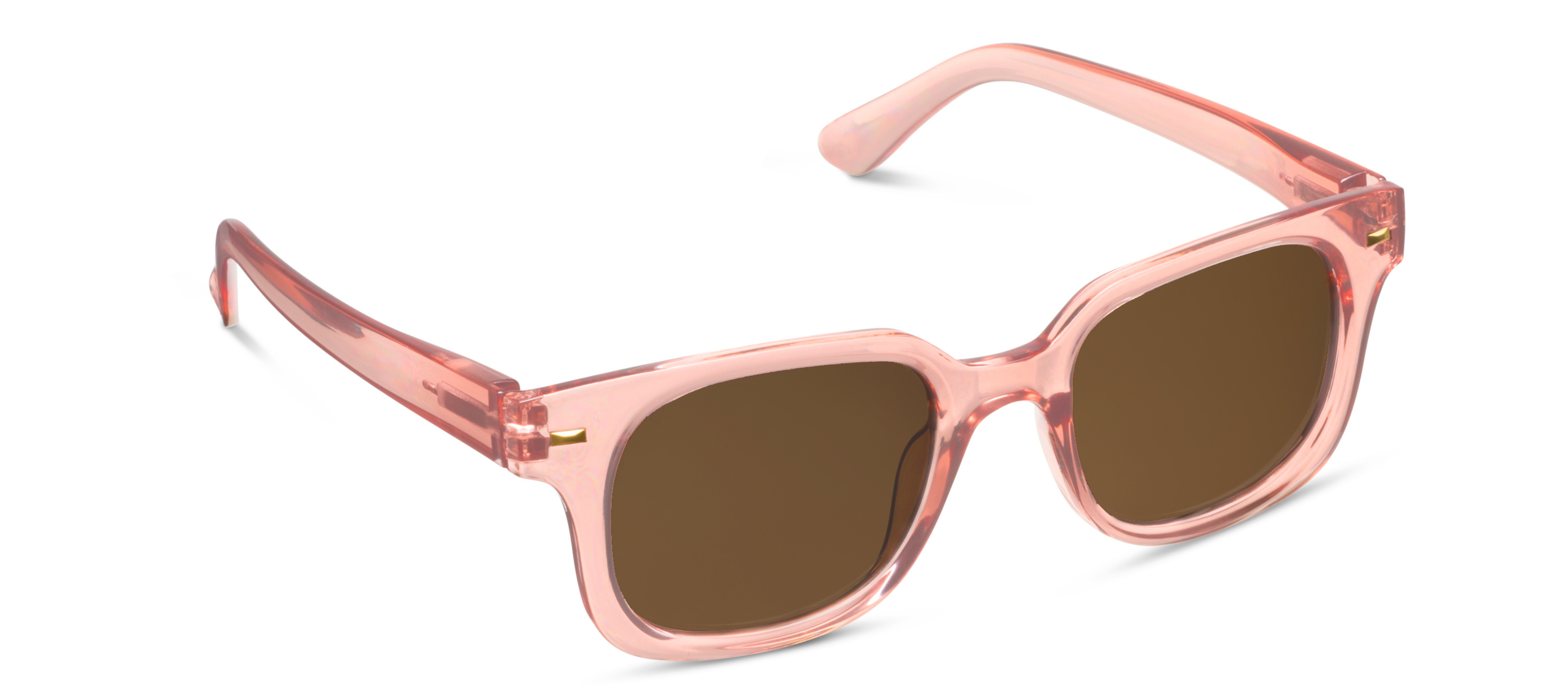 Peepers Clubhouse Sunglasses in Blush, translucent pink rectangular frames with brown lenses, angled view