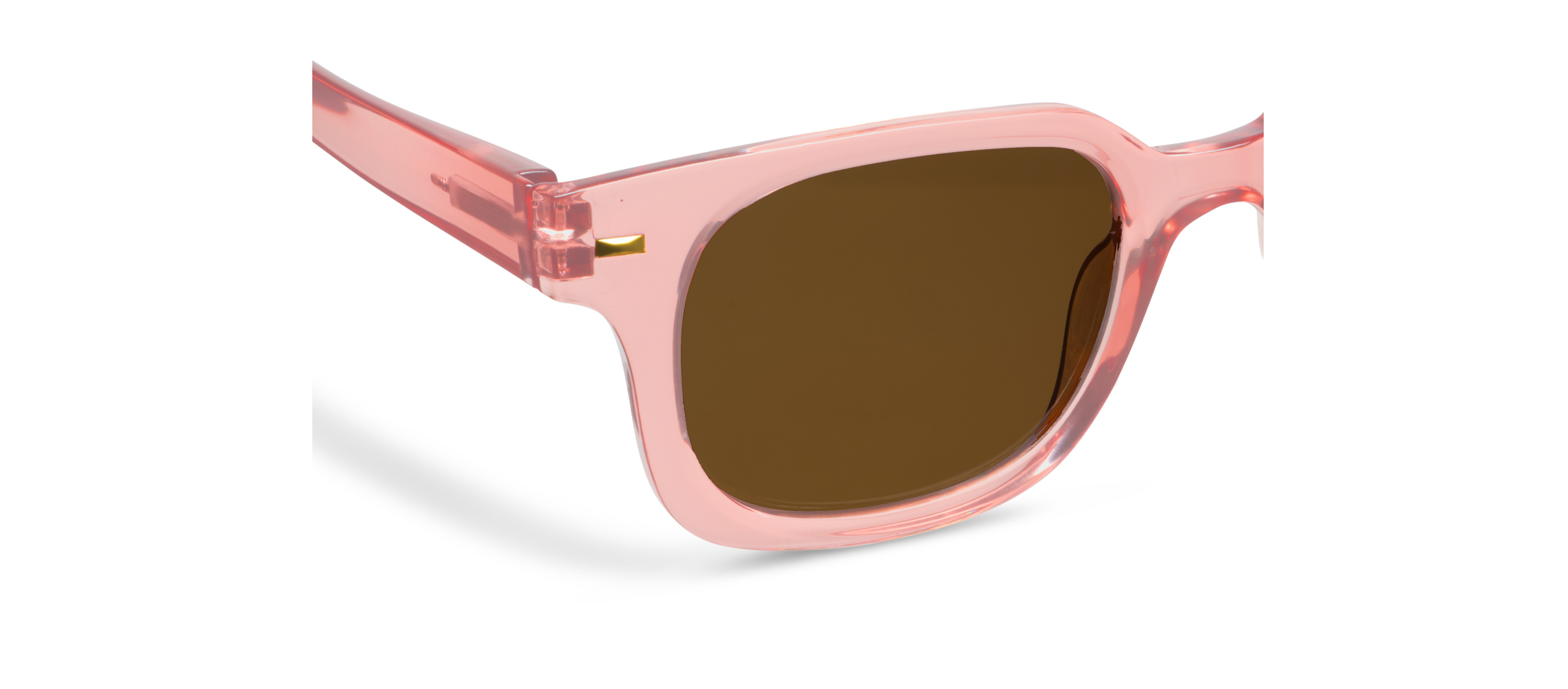 Peepers Clubhouse Sunglasses in Blush, close-up of the frame and brown lens