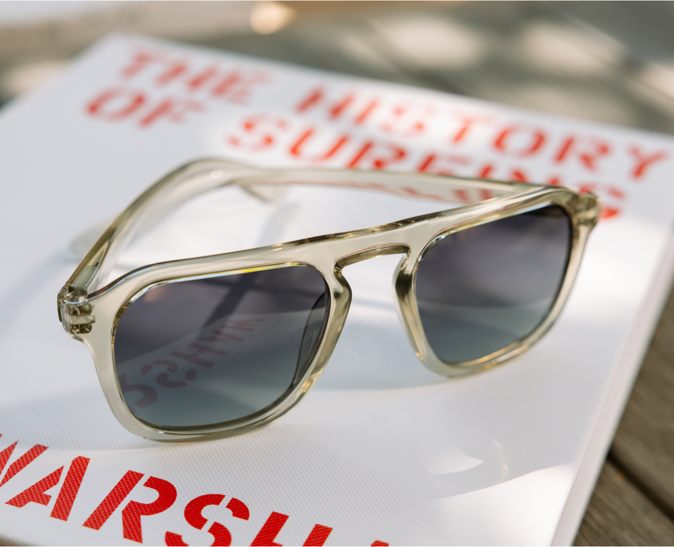 Peepers Deep Dive Sunglasses in Fog resting on a book