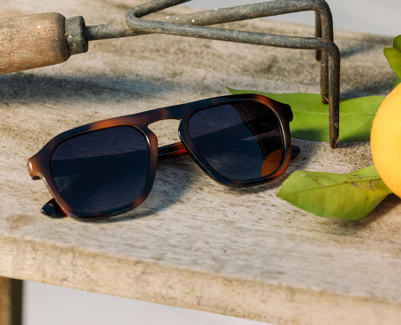 Peepers Deep Dive Sunglasses in Mocha Tortoise resting on a stone surface beside garden tools