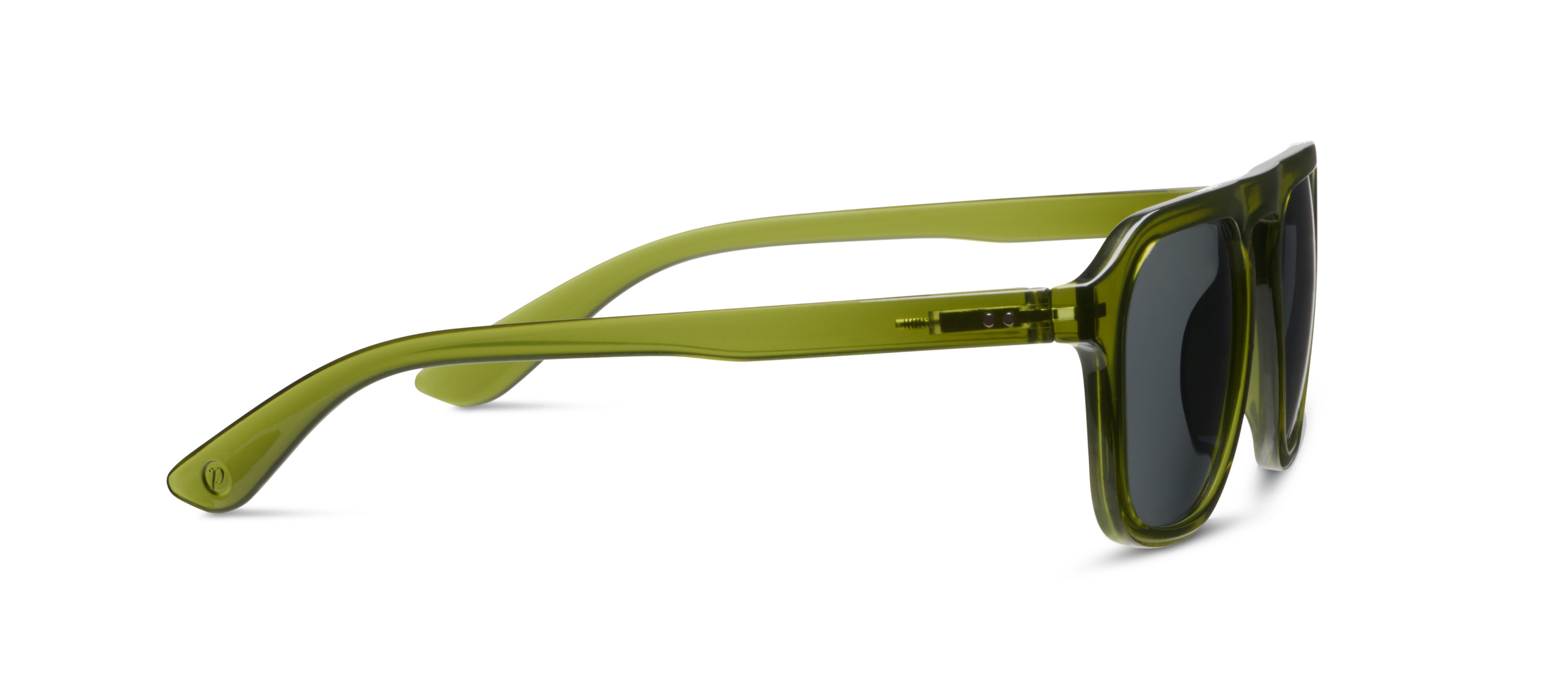 Peepers Deep Dive Sunglasses in olive green, side view of the temple arm