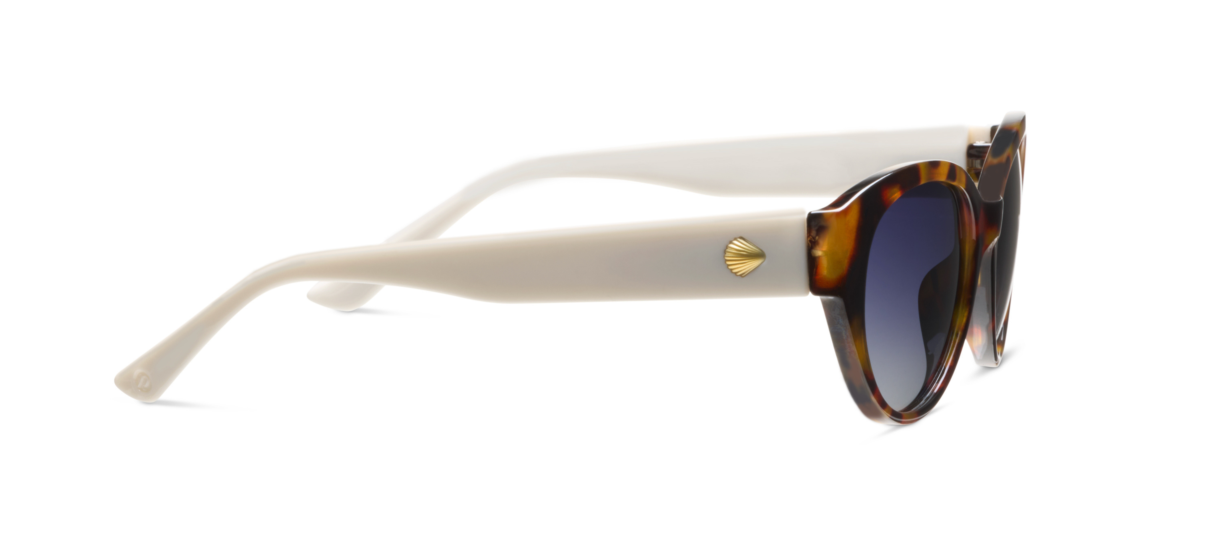 Peepers En Route Sunglasses in Tortoise/White, side view of the white temple arm with gold accent