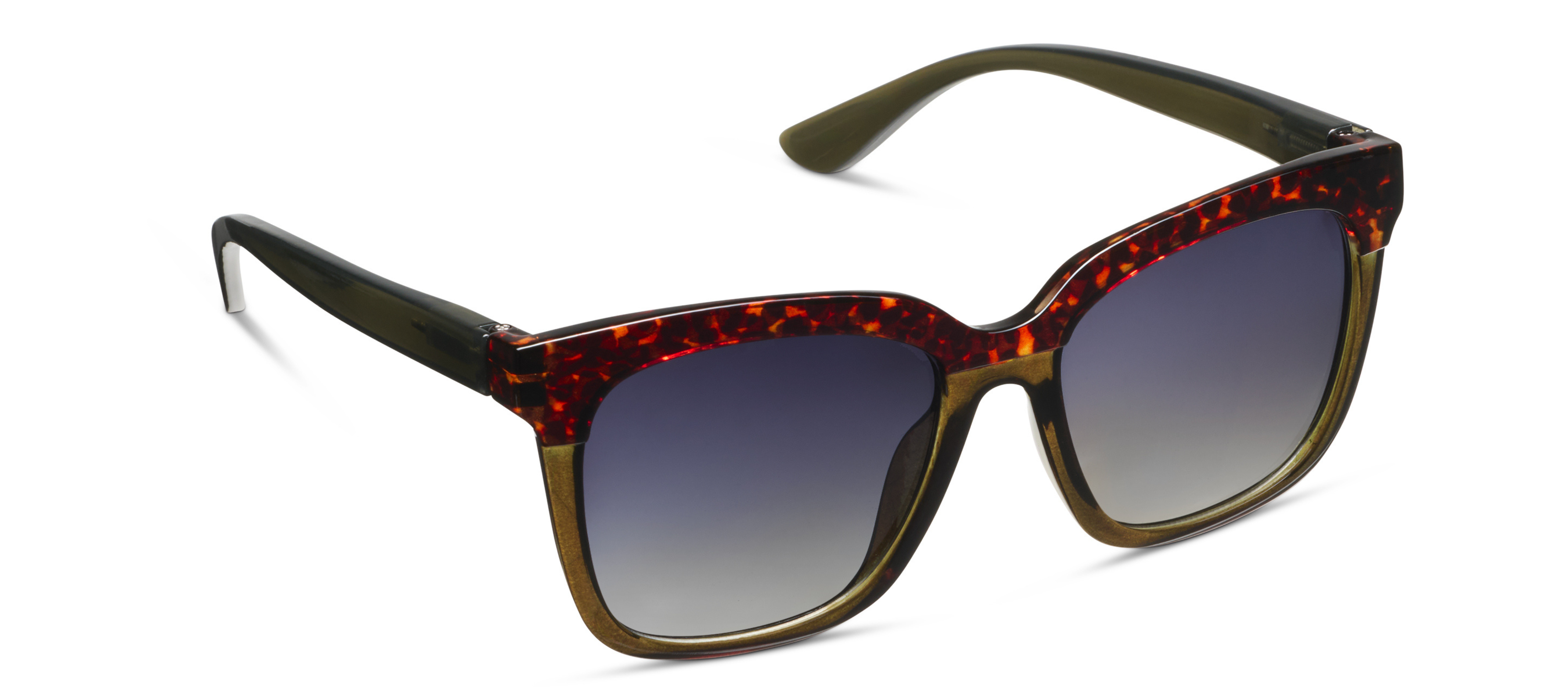Peepers Frenchy Sunglasses in Green/Leopard Tortoise, square frames with gradient lenses, angled view