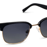 Peepers Houston Sunglasses in Black, browline frames with gold accents and gradient lenses, angled view