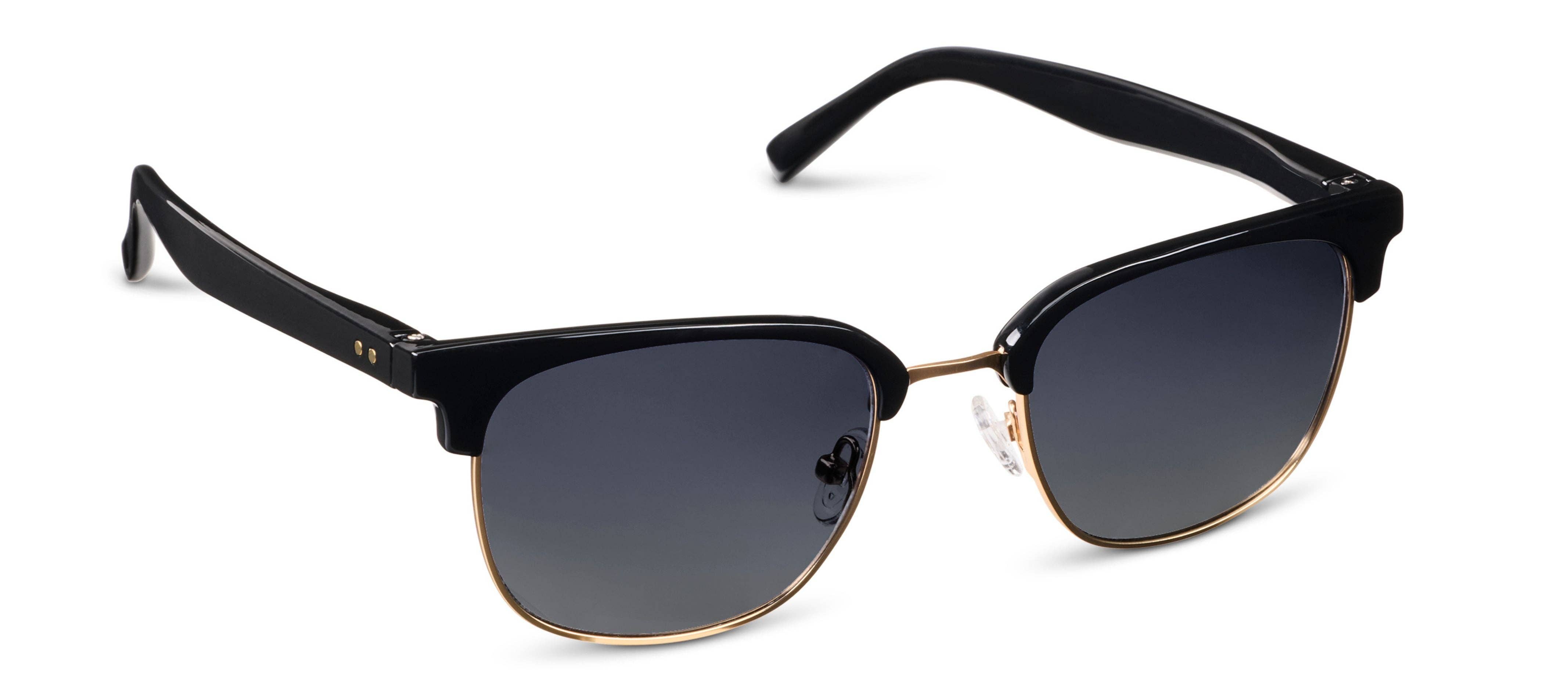 Peepers Houston Sunglasses in Black, browline frames with gold accents and gradient lenses, angled view