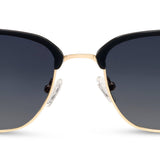 Peepers Houston Sunglasses in Black, front view of the browline frames with gold rims