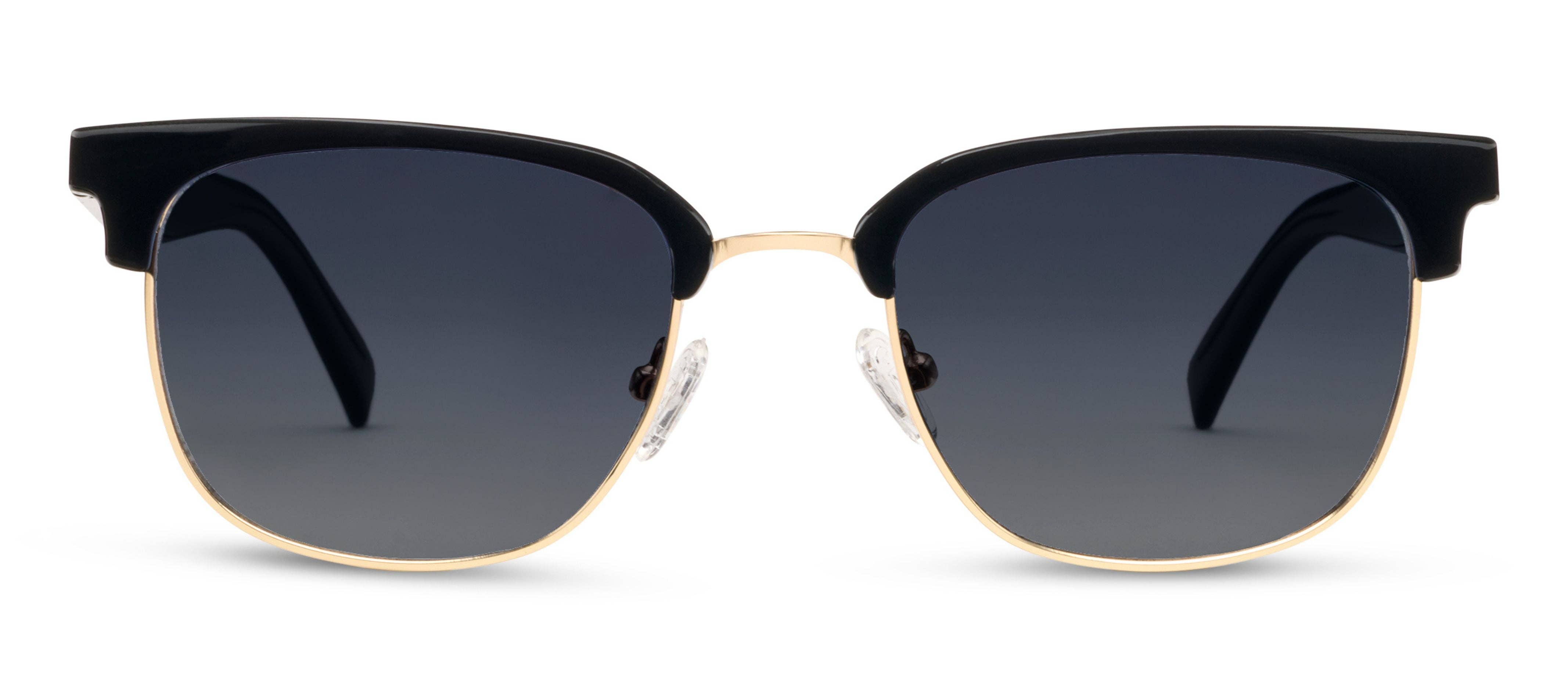 Peepers Houston Sunglasses in Black, front view of the browline frames with gold rims