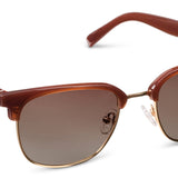 Peepers Houston Sunglasses in Brown, browline frames with gold accents and brown gradient lenses, angled view