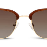 Peepers Houston Sunglasses in Brown, front view of the browline frames with gold rims