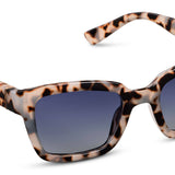 Peepers Myrtle Sunglasses in Gray Tortoise, cream and black spotted square frames with gradient lenses, angled view