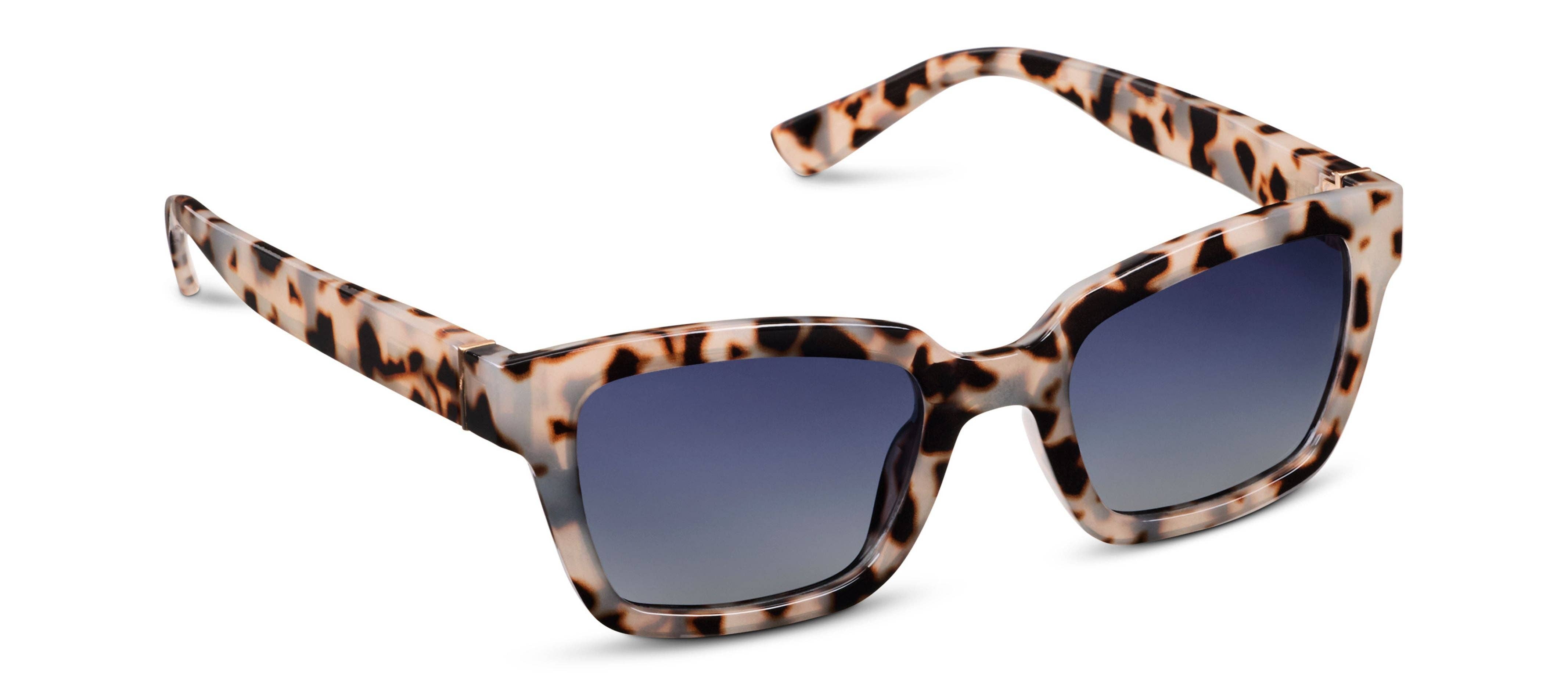 Peepers Myrtle Sunglasses in Gray Tortoise, cream and black spotted square frames with gradient lenses, angled view