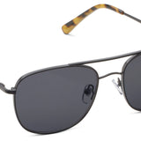 Peepers Palermo Sunglasses in Black, metal aviator frames with dark lenses and tortoise tips, angled view