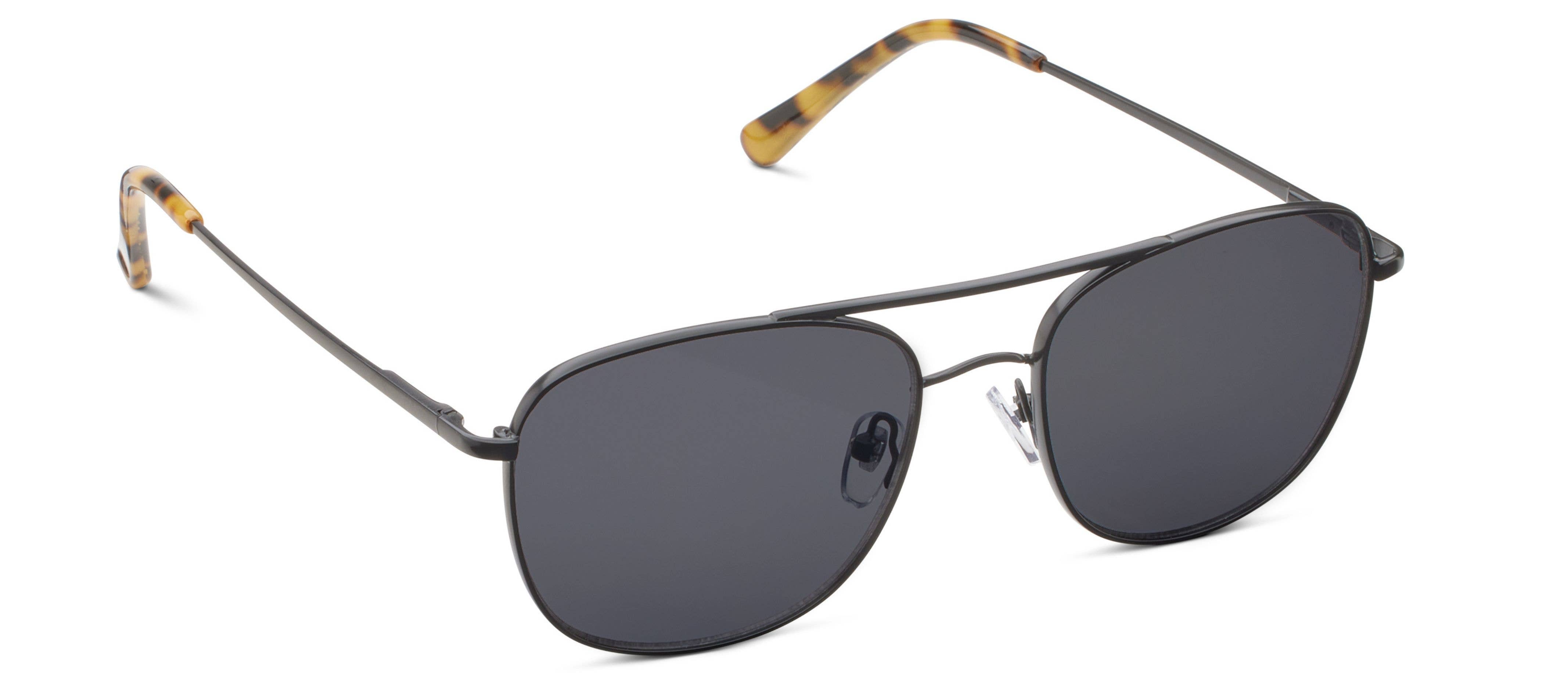 Peepers Palermo Sunglasses in Black, metal aviator frames with dark lenses and tortoise tips, angled view