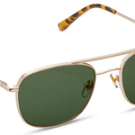 Peepers Palermo Sunglasses in Gold, metal aviator frames with green lenses and tortoise tips, angled view