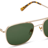 Peepers Palermo Sunglasses in Gold, metal aviator frames with green lenses and tortoise tips, angled view